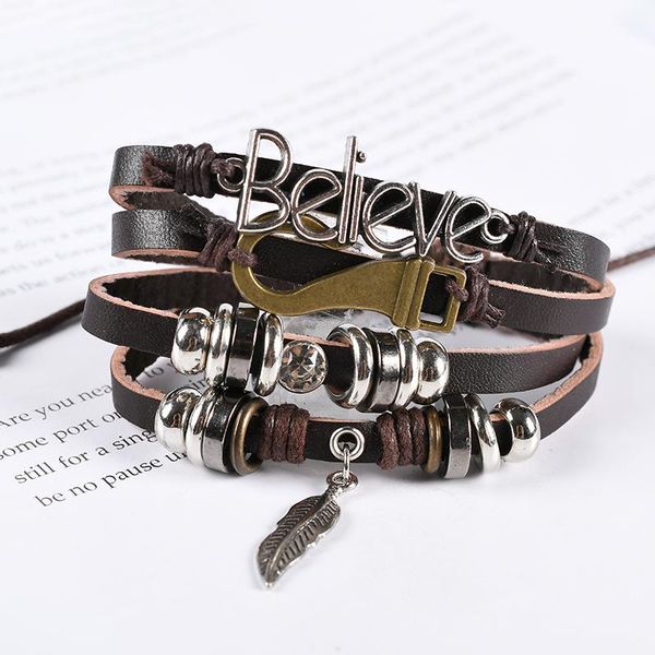 

my boho tibetan stone feather multilayer leather bracelet eye fish string bead bracelet men's retro punk wrap wristband, Black