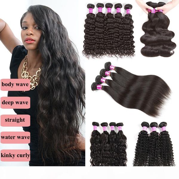 

8a brazilian peruvian straight virgin body wave kinky culry human hair extensions 3 4 bundle malaysian indian deep water wave hair bundles, Black