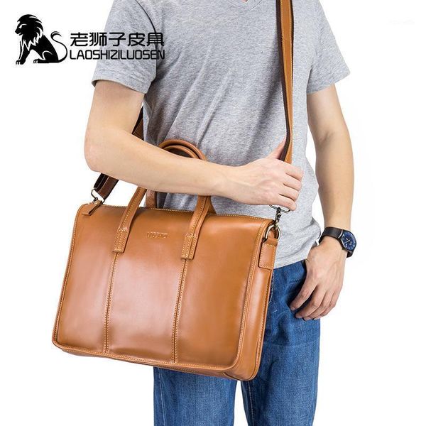 

briefcases laoshizi men bags business leather man handbags case real cow genuine bag brown computer lapmessenger briefcase1