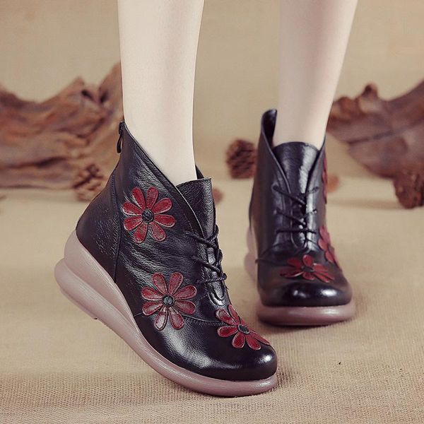 

akexiya new round toe 100% genuine leather wedge heel ankle boots for women winter warm shoes women platform boots with flower, Black