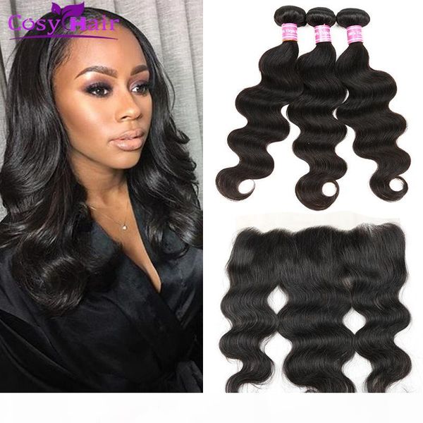 

human hair body wave wefts with 13x4 lace frontal ear to ear brazilian virgin hair weave bundles unprocessed extensions, Black;brown