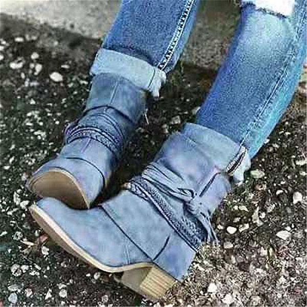 

women autumn winter flock ankle boots zipper round toe 3.5cm square heel solid casual blue khaki booties size 35-43, Black