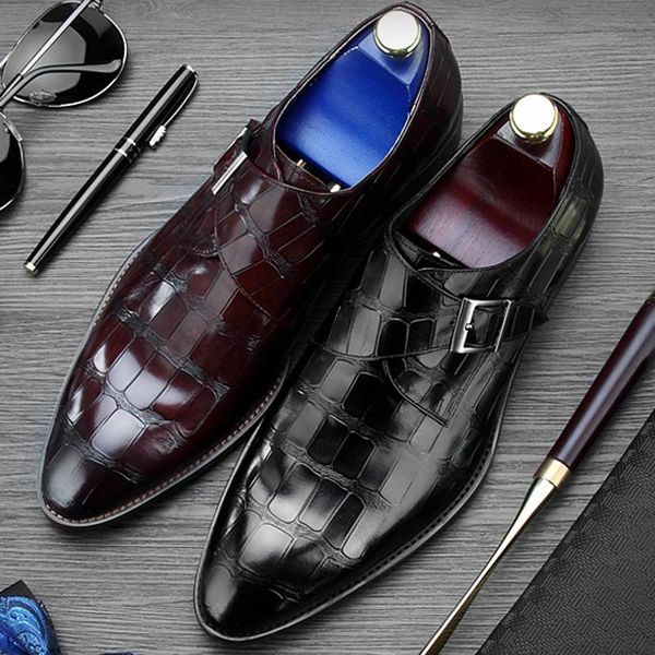 

new luxury genuine leather men's monk strap footwear round toe handmade man flats basic formal dress wedding party shoes bql31, Black