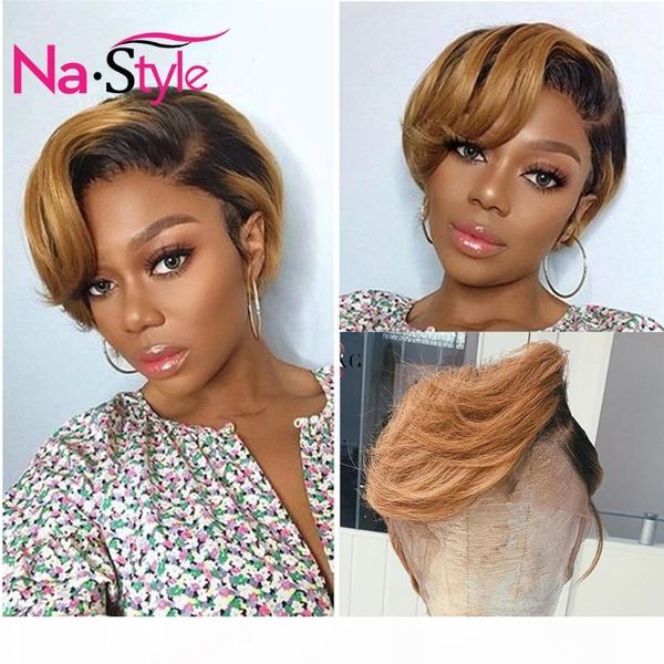

1b 27 honey blonde colored wigs pixie cut wig 13x4 lace front short human hair wavy brazilian hair for women 130% remy brazilian, Black;brown