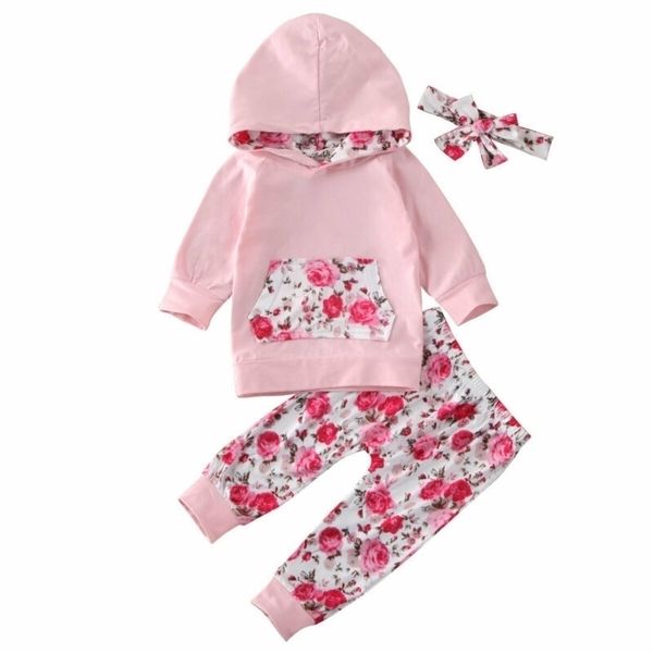 

spring infant baby girl outfits floral long sleeve hooded sweatshirt flower print leggings pants headband 3pcs clothes set y200803, White