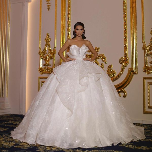 

glamous ball gown vintage wedding dresses bridal gowns 2021 plus size lace sequined dubai luxurious vestido de novia, White
