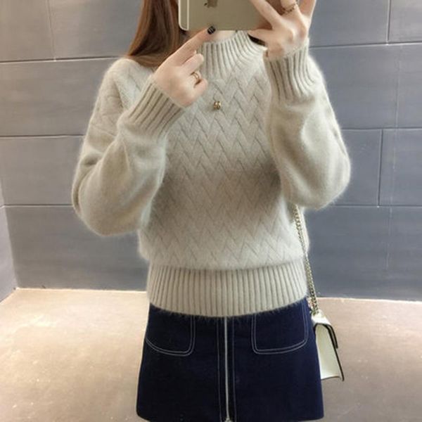 

2020 autumn and winter new thick half-high collar knitted pullover women long sleeve solid color bottoming shirt sweater, White;black
