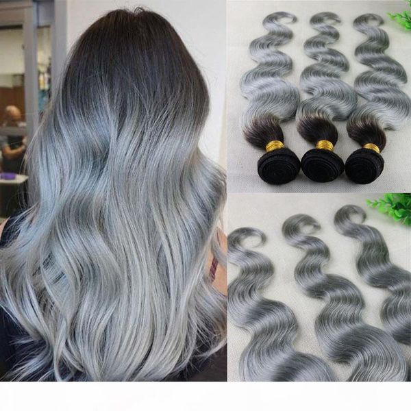 

ombre silver gray body wave волос соткать бразильская человеческих волос remy волос пучки 100gram в часть, Black