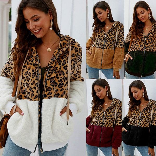 

women leopard sherpa fleece sweater hooded zipper cardigan teddy fleece coat female warm streetwear thicken retro jacket girls, Black;brown