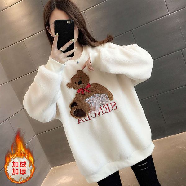 

lambs wool and cashmere thickened women's sweater 2020 new autumn winter loose korean european style bear coat, Black