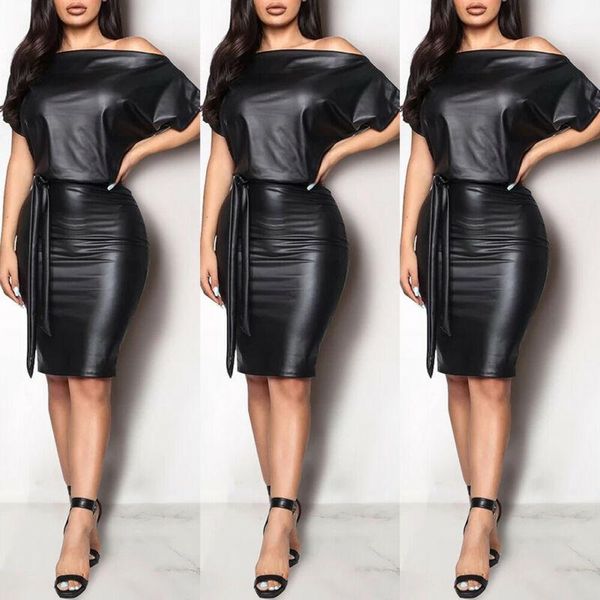 

black asymmetrical faux leather bodycon dress women summer long sleeve knee length pencil dresses1, Black;gray