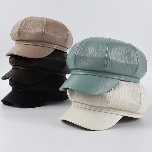

stingy brim hats &dolphin designer women matte textur pu leather hat british style cap octagonal cool artist vintage girls, Blue;gray