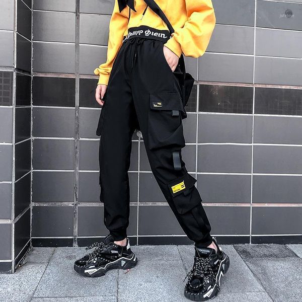 

women casual pockets slim patchwork pencil pants loose hip hop feet pants1, Black;white