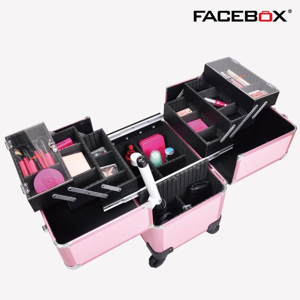 

2020 facebox марка трехслойной макияж коробка с trolley case красоты с колесами профессиональный макияж коробки 4 колеса черный и розовый