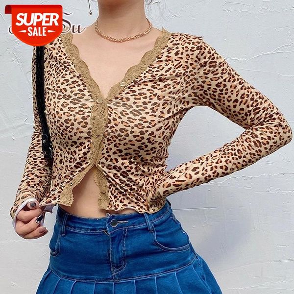 

artsu lace leopard print long sleeve t-shirt women v neck buttons cropped t shirt ladies casual fashion streetwear ts52230 #qr7t, White