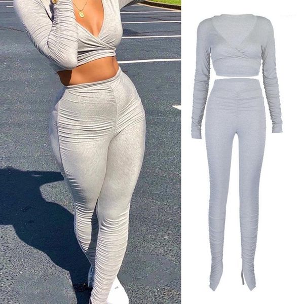 

women workout tracksuit long sleeve wrap v-neck crop stacked ruched leggings1, Gray