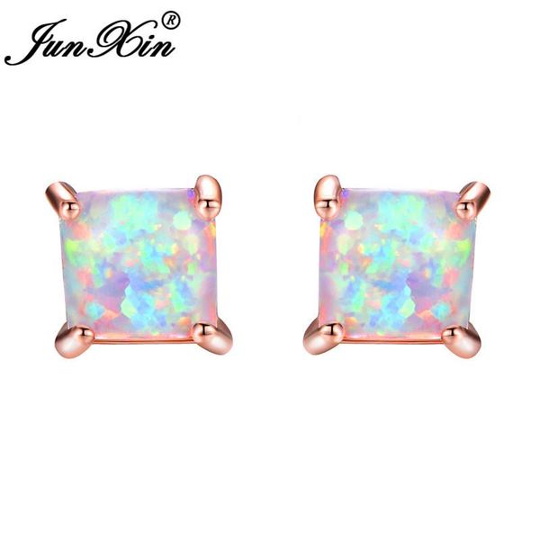 

junxin green/blue/white fire opal stud earrings for women rose gold filled square earrings princess cut birthstone earring gifts, Golden;silver