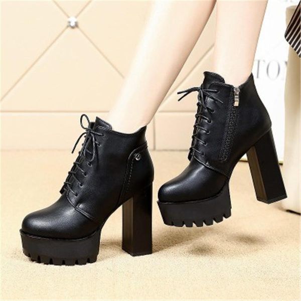 

fashion platform warm ankle boots women 2020 autumn winter black red leather 12cm thick heel boots ladies worker womens
