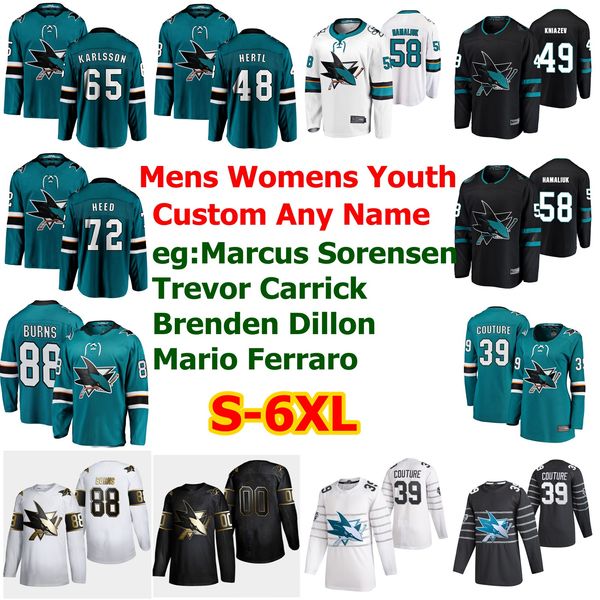

s-6xl сан-хосе шаркс хоккей jersyes 88 brent burns 39 logan couture 19 джо торнтон 65 эрик карлссон эвандер кейн black прошитой на заказ, Black;red