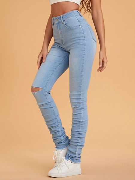 

stone wash ripped ruched skinny jeans h8wh#, Blue