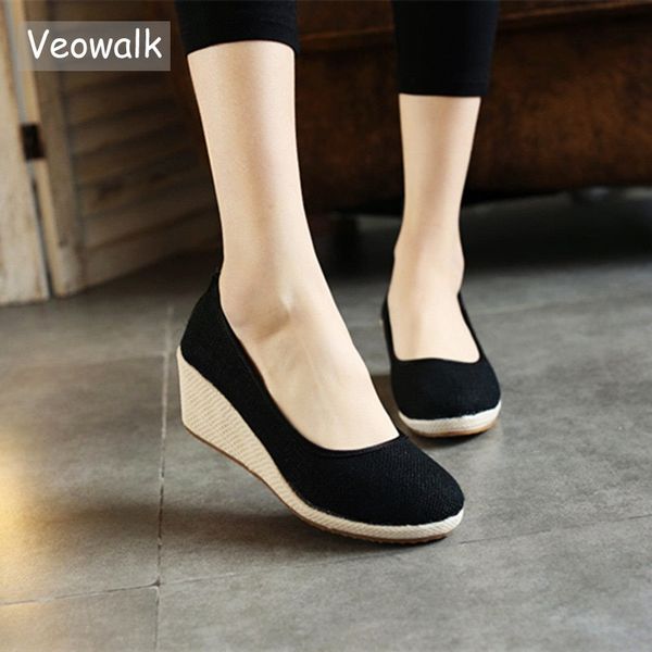 

veowalk handmade women plain linen cotton wedge espadrilles vintage solid color ladies high heel slip on platforms pumps shoes y200113, Black
