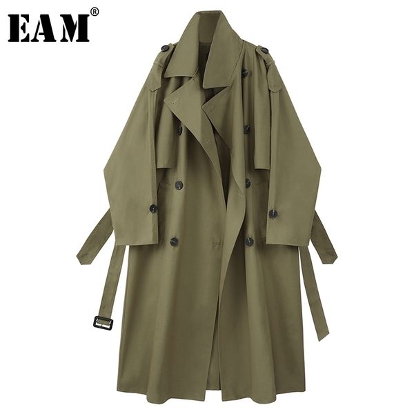 

[eam] women army green big size long trench new lapel long sleeve loose fit windbreaker fashion tide spring autumn 1x199 201102, Tan;black