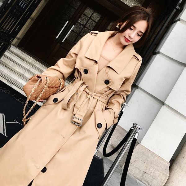 

women's trench coats retro spring autumn women solid color lady long windbreak single breasted slim coat with belt, Tan;black