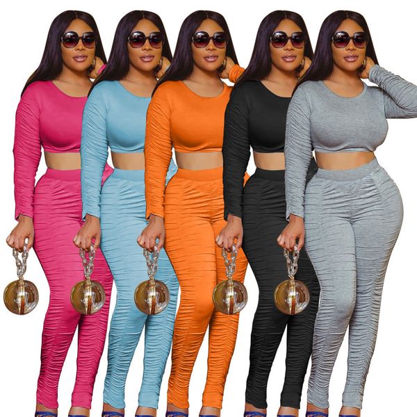 

женская 2 piece set мода solid плиссе открытый navel с длинным рукавом брюки костюмы женские майка узкие брюки повседневная одежда j669, White