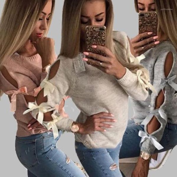 

bandge sweater fashion knitting female clothing autumn winter long sleeve solid color sweater hollow out bow, White;black