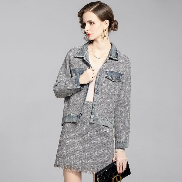

k7tmc t202657 skirt sleeve clip jacket fashion 2020 piece suit jacket two winter new raglan sleeve fall set skirt fxape, Gray
