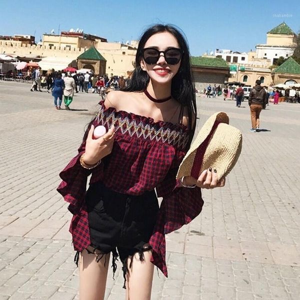 

fashion indie folk embroidery three quarter red plaid women shirts slash neck petal sleeve students blouse girls blusas1, White