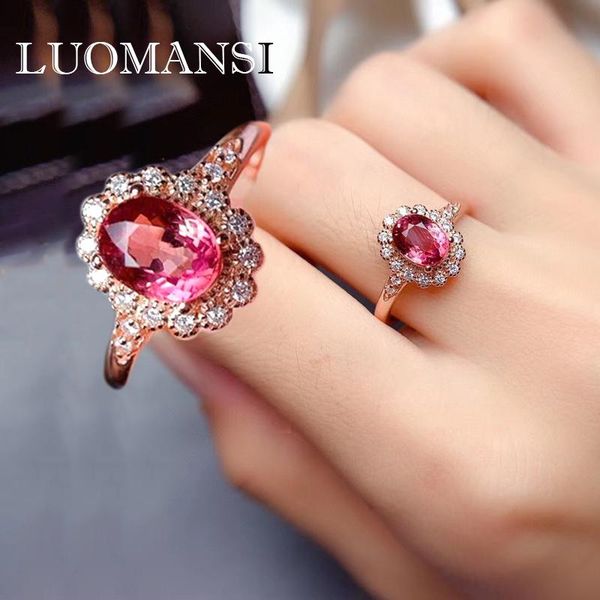 

cluster rings luomansi natural brazilian rubellite ring 100% s925 sterling silver for fashion woman jewelry wholesale, Golden;silver