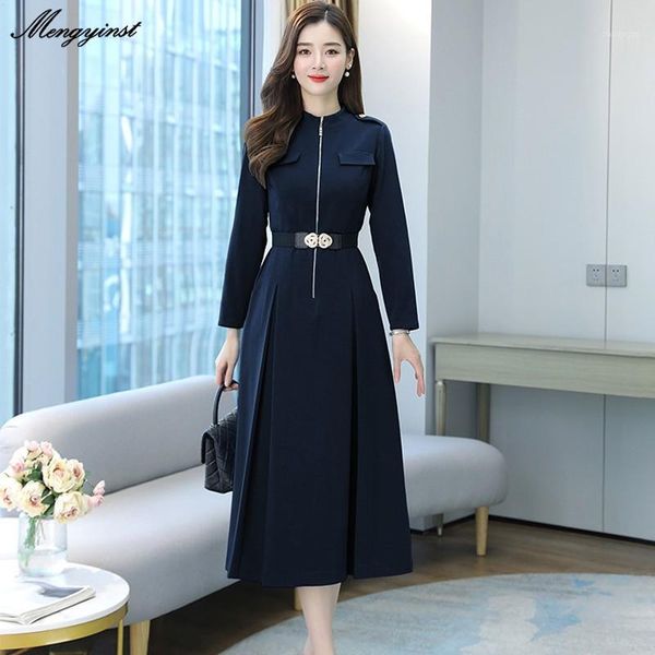

elegant full sleeve zipper o-neck collar dress women 2021 winter casual female slim office lady work long dresses1, Black;gray