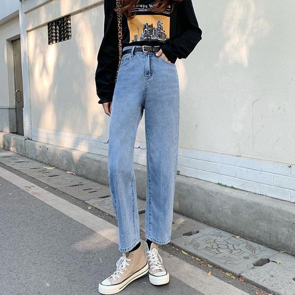 

korean style women straight jeans spring 2021 high waist wide leg pants casual loose mom jeans solid plus size denim trousers, Blue