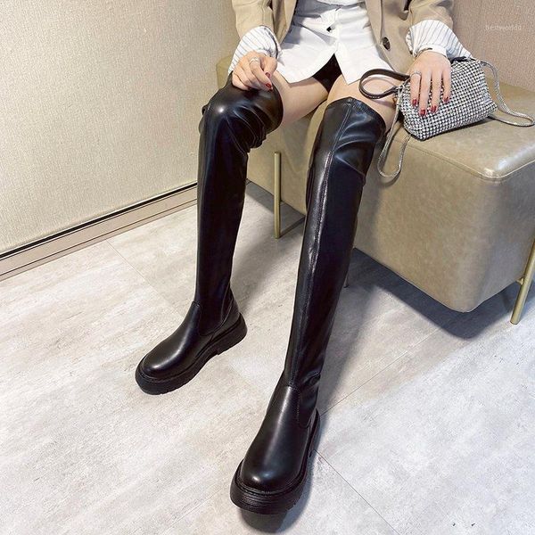 

boots women platform over the knee warm plush black slim thick sole long winter thigh high 2021 winter1