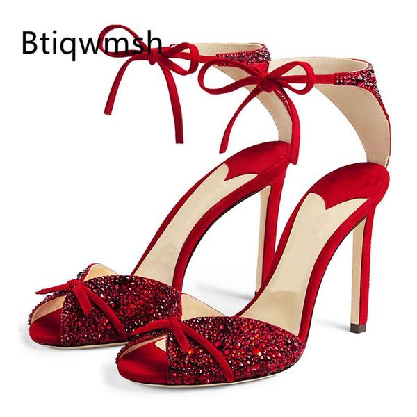 

новейший дизайн горный хрусталь сандалии женщин peep toe черный замша бабочка узел туфли на высоких каблуках женщина sexy свадебная обувь, Black