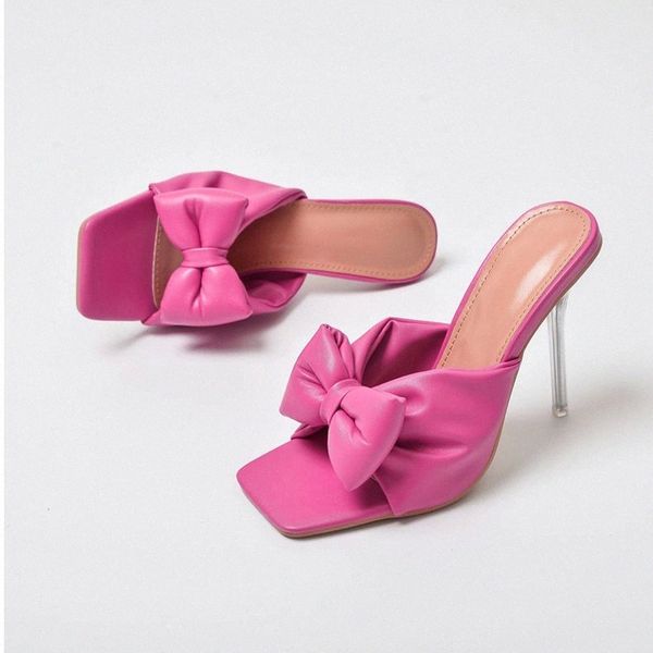 

2021 women bowtie slippers big size women's square toe thin high heels woman pu leather pumps ladies shoes female summer #cz7b, Black