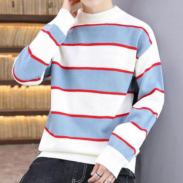 

2020 men's new casual fashion striped all-matching sweater youth round neck loose sweater, White;black