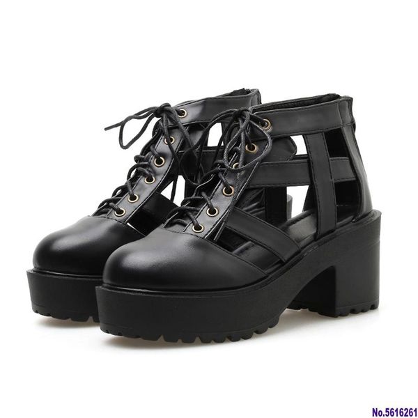 

sandals hollow out gladiator women heels lace up square summer shoes female footwear zipper ladies casual, Black