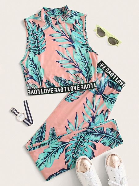 

tropical print letter tape tank and leggings set c2pp#, White