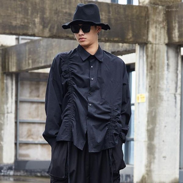 

loose casual black white men party shirt drawstring design shirt male women japan streetwear hip hop gothic stage costumes b701, White;black