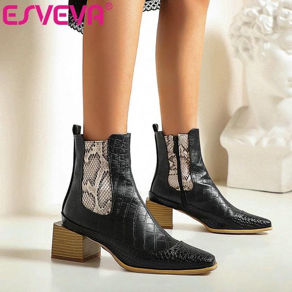 

esveva 2021 pointed toe square med heel pu leather ankle boots women boots mixed color winter shoes black size 34-431