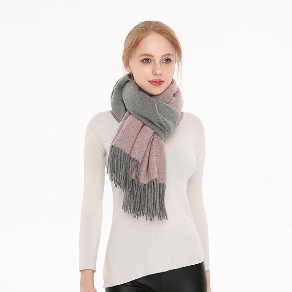 

scarves women's large color block cashmere contrast warm shawl lady's solid tassels scarf, Blue;gray