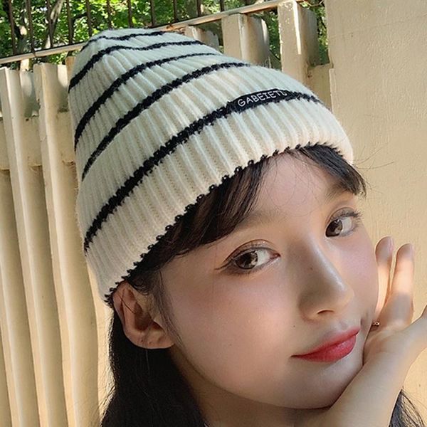 

women men winter knitted beanie hat contrast color stripes letters label harajuku student cuffed pointed cap ear warmer, Blue;gray