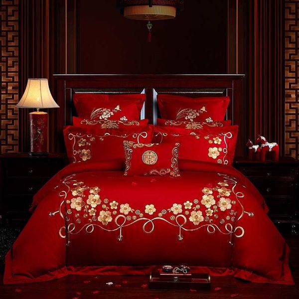 Bestickte Bettwäsche-Sets für Hochzeiten, Rot, hochwertige königliche 60er-Jahre-Ägyptische Baumwolle, seidig, 4-teilig, King-Queen-Boho-Bet-Bettbezug, Bettlaken, Kissenbezug