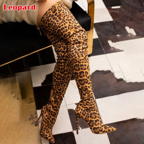 

women over the knee sock boots 10cm high heels long winter stretch leopard snow boots lady thigh stripper fetish shoes, Black