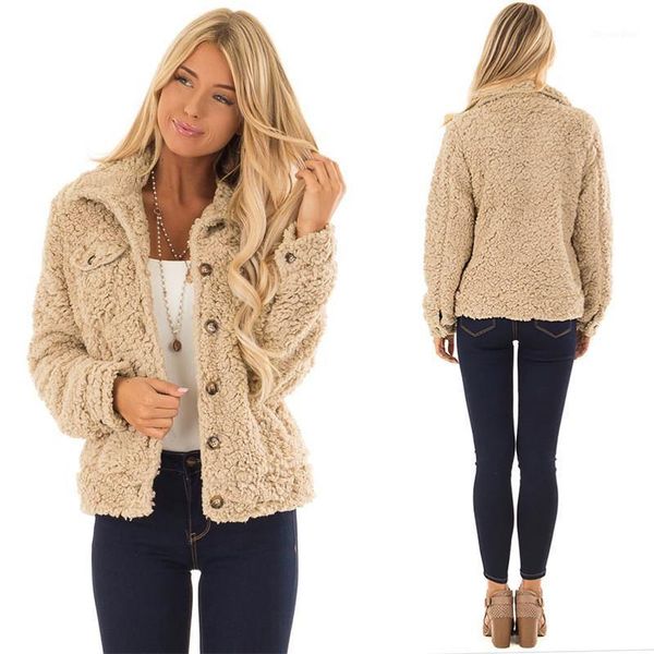 

furry jacket women vintage coat jacket turn-down collar buttons autumn winter fashion bomber outerwear 20201, Black