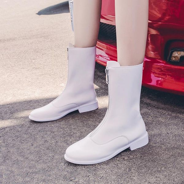 

woman flat boots white shoes winter footwear round toe zipper boots-women low rubber autumn 2020 mid calf mid-calf rock, Black