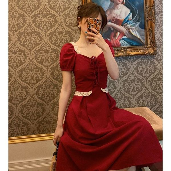 

2021 New Vintage-style Hepburn Square Neck Bubble Cord Red Summer Short Elegant Fairy Dress High Waist GJW6, Black;gray