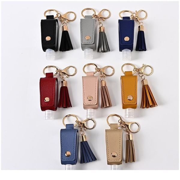

30ml portable empty leakproof plastic travel bottle for hand sanitizer with tassels leather keychain holder jlltdl